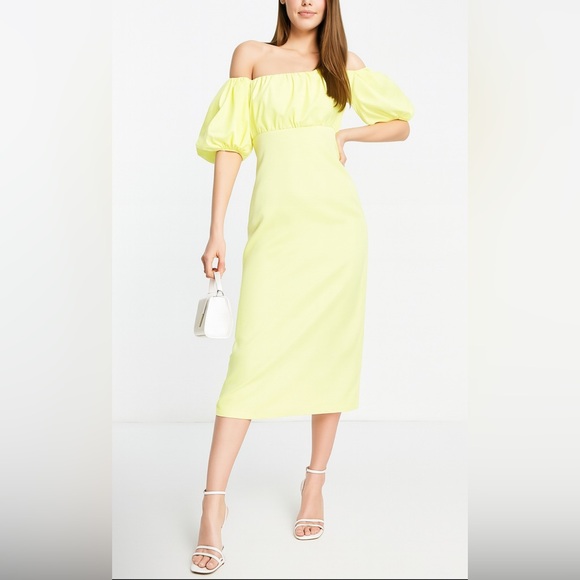 NEW ASOS DESIGN off the shoulder puff detail midi dress in lemon-Yellow - Picture 1 of 13